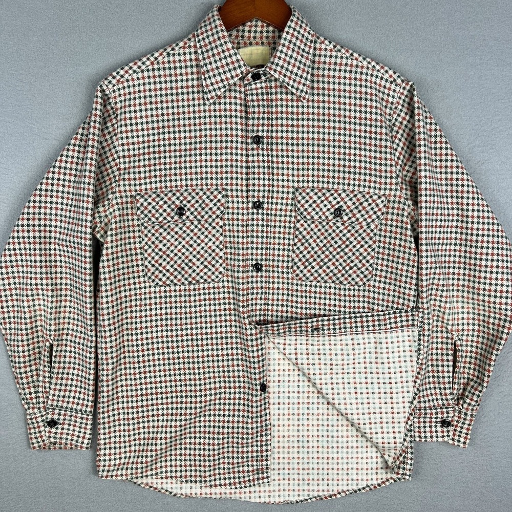 VTG 70s Houndstooth Work Shirt Fits M Red Green Check Flannel Two Pocket Utility